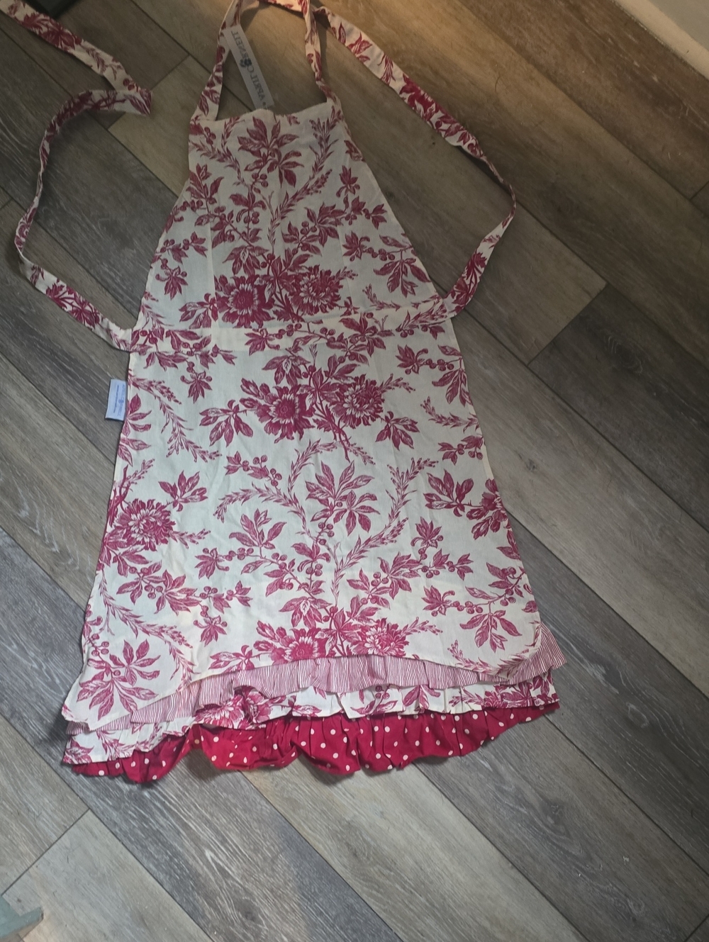 April Cornell Cream Apron with Red Floral Print and Red Polka-Dot Ruffle